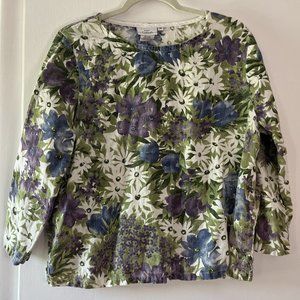 Hot Cotton By Marc Ware Linen Floral Top Medium Womens 3/4 Sleeve Blouse